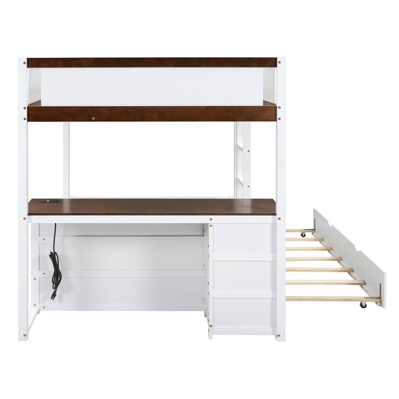 Low Wooden Bunkbed with Twin Trundle, Desk, Drawers, USB Ports