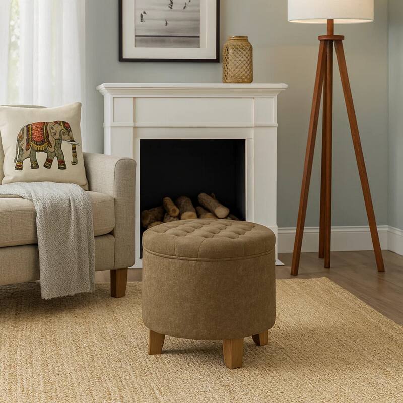 Wes Round Storage Ottoman, Mocha Brown Velvet, Hardwood, 19 Inch