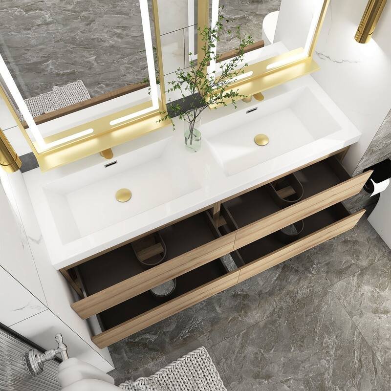 MDF Wall-Mounted Bathroom Vanity Set in Oak with Integrated Culture Marble Sink