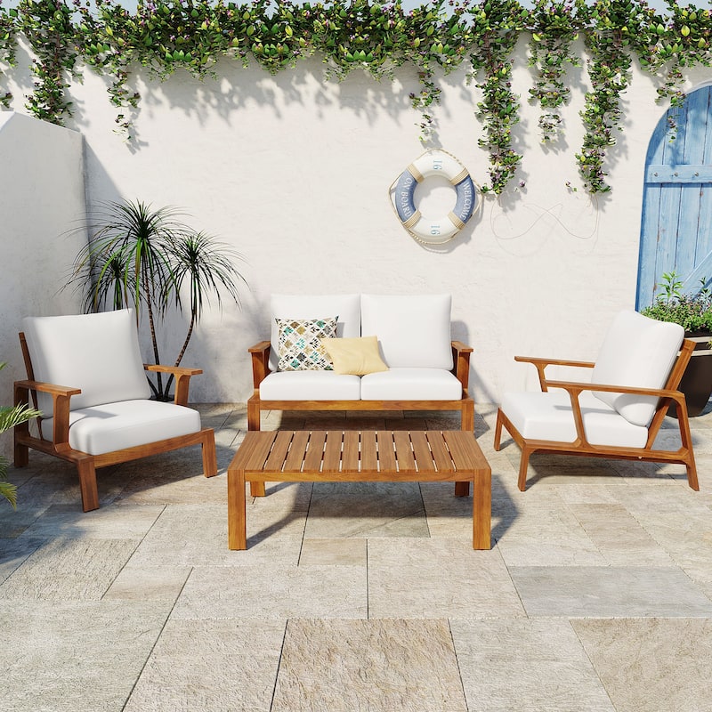 Christopher Knight Home-Doris 4 Piece Outdoor Slat Design Acacia Wood Upholstered Seating Set - Teak Finish +White Cushion