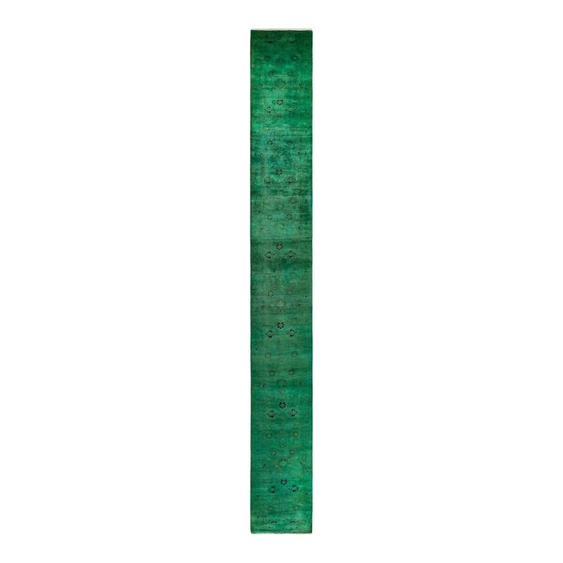 Overton Hand Knotted Wool Vintage Inspired Modern Contemporary Overdyed Green Area Rug - 2' 7" x 23' 1"