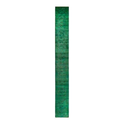 Overton Hand Knotted Wool Vintage Inspired Modern Contemporary Overdyed Green Area Rug - 2' 7" x 23' 1"
