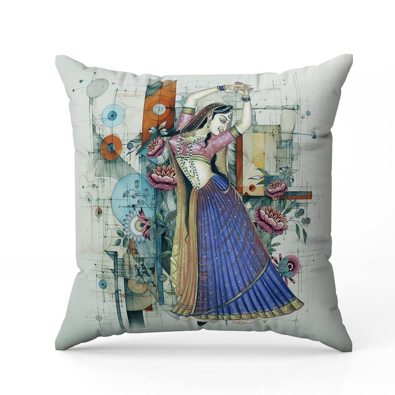 Gracefully Dancing Woman Indoor/Outdoor Reversible Throw Pillow Blue and Orange