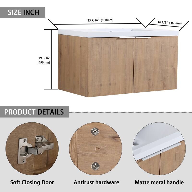 24" Floating Bathroom Vanity with Resin Sink, Side Cabinets, Soft-Close Doors, and Luxury Metal Handles