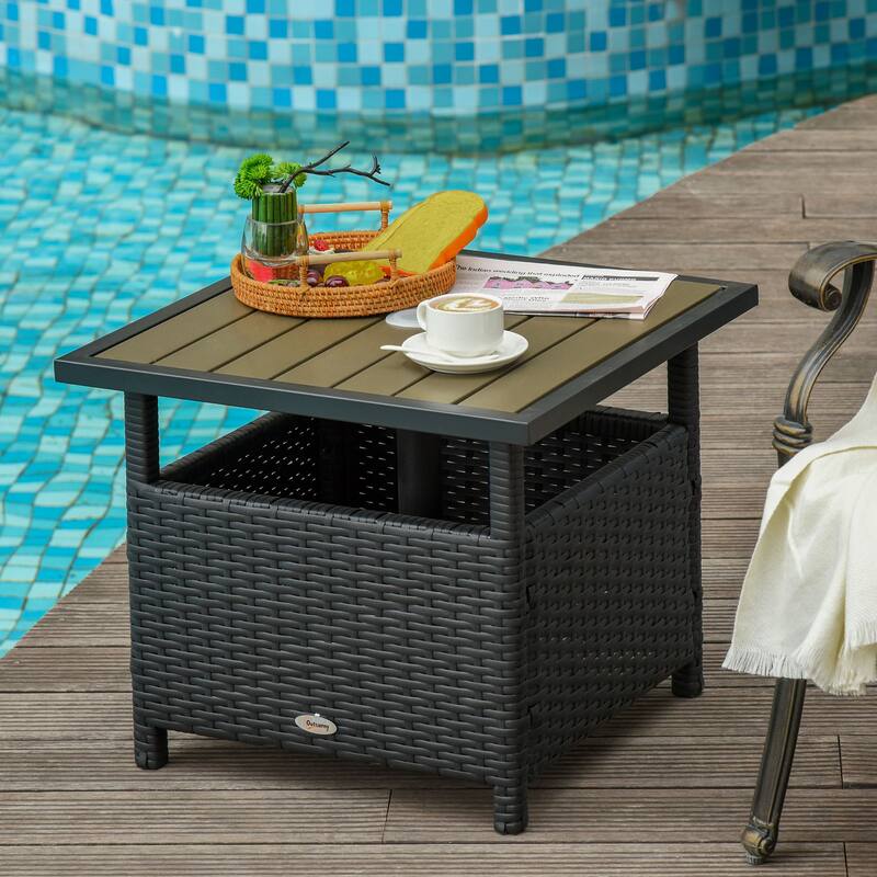 Outsunny Rattan Wicker Outdoor Accent Table with Umbrella Insert - Black