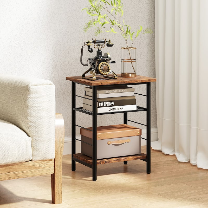 3-Tier End Table Set of 2 Side Table with Storage Shelves Metal Frame-Rustic Brown - Multi - Multi