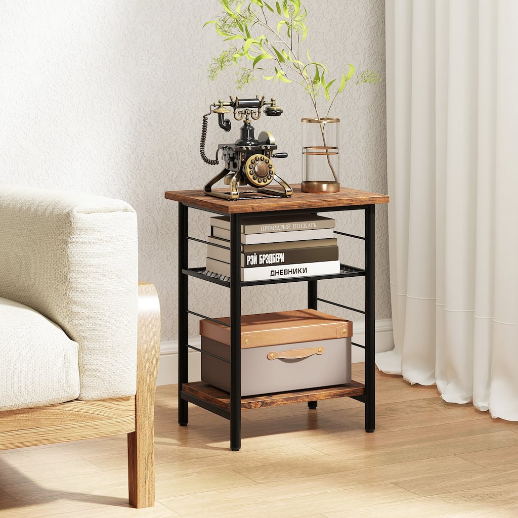 3-Tier End Table Set of 2 Side Table with Storage Shelves Metal Frame-Rustic Brown - Multi