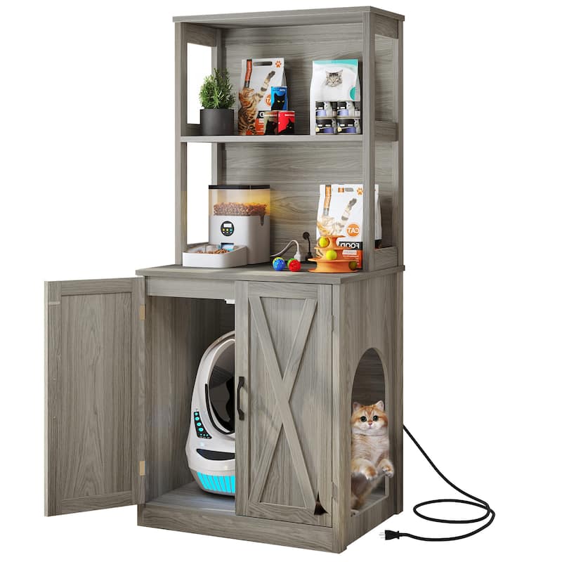 71" Tall Large Hidden Cat Litter Box Enclosure Furniture with Charging Station for Self-Cleaning Litter Boxes