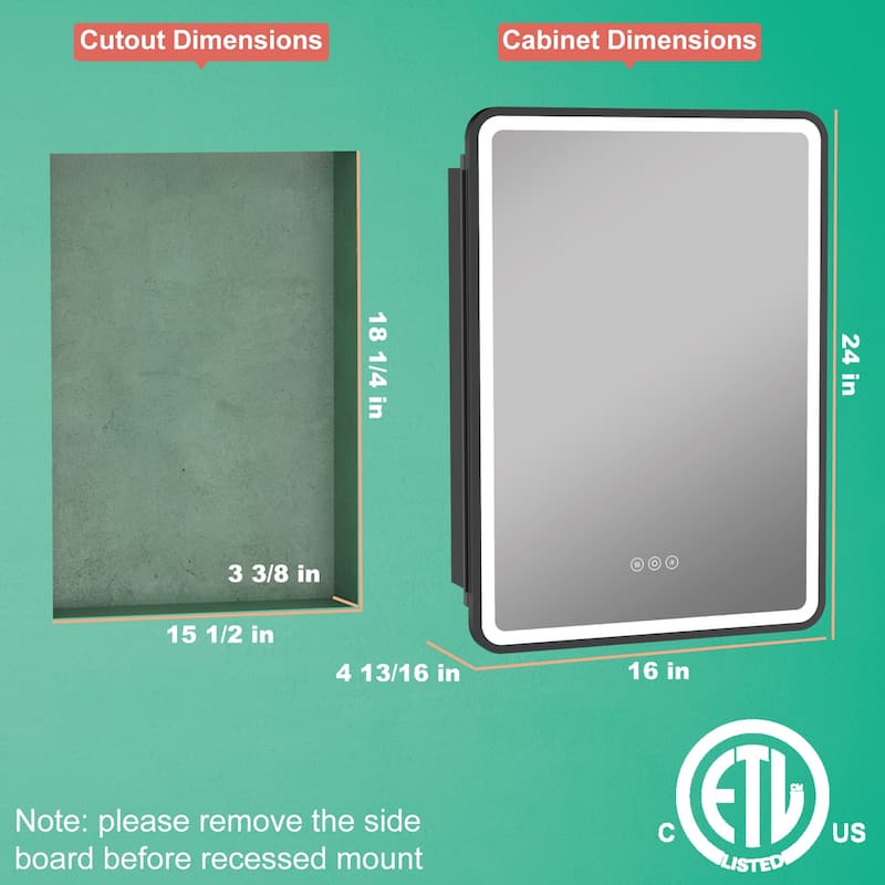 Milo LED Iron Medicine Cabinet with Mirror, Dimmable, Anti-fog, Adjustable Glass Shelves, Recessed or Surface Mount
