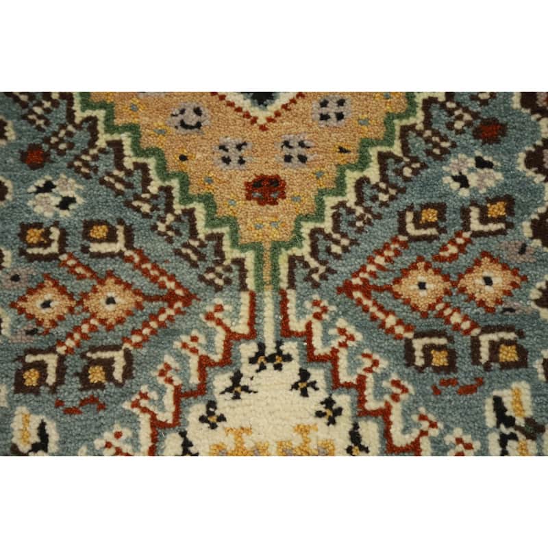 Hand Knotted Oriental 100% Wool Carpet Traditional Geometric Navy Blue & Blues Viss Runner Rug - 8' 0'' X 2' 7''