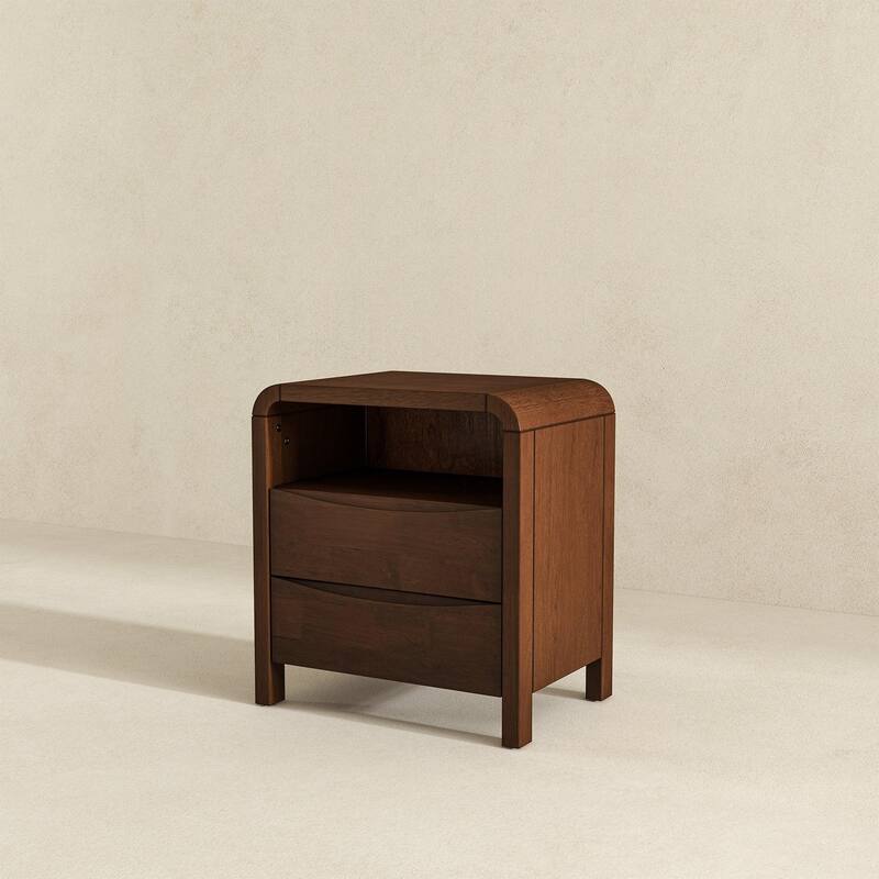 GDFStudio - Lionel Modern Mid-Century Solid Wood Nightstand with Open Shelf & 2 Drawer