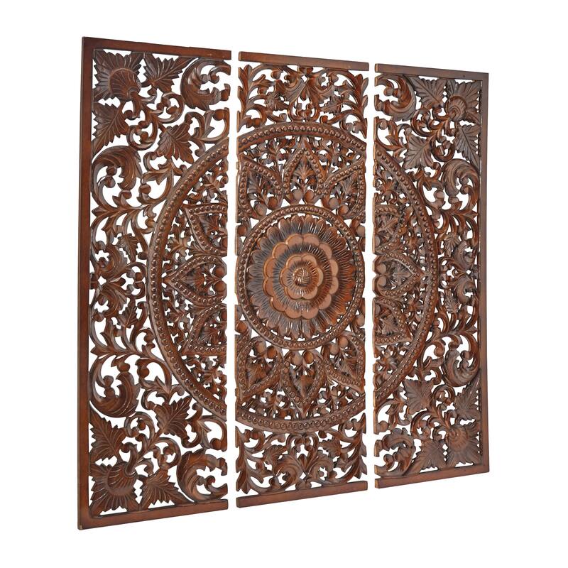 Wooden Handmade Intricately Carved Floral Wall Decor with Mandala Design (Set of 3) - Brown or White