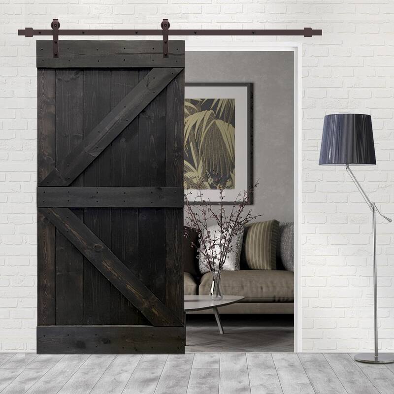 CALHOME K Series Stained Wood Sliding Barn Door with Hardware Kit - Charcoal Black - 30 x 84