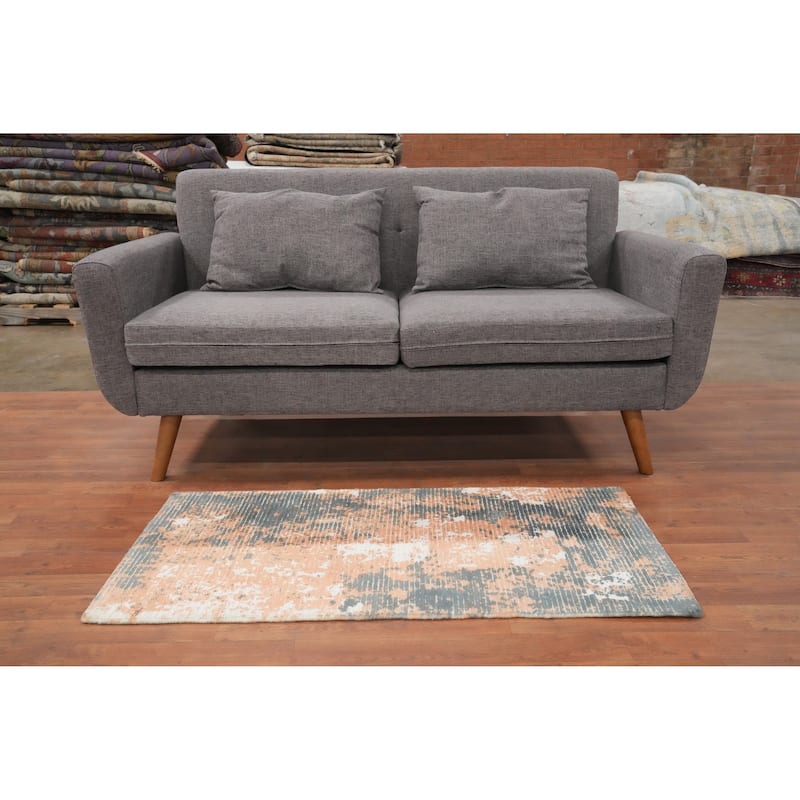 Hand Knotted Oriental Viscose Silk Carpet Modern All-Over Peach Abstract Area Rug - 4' 0'' X 2' 0''