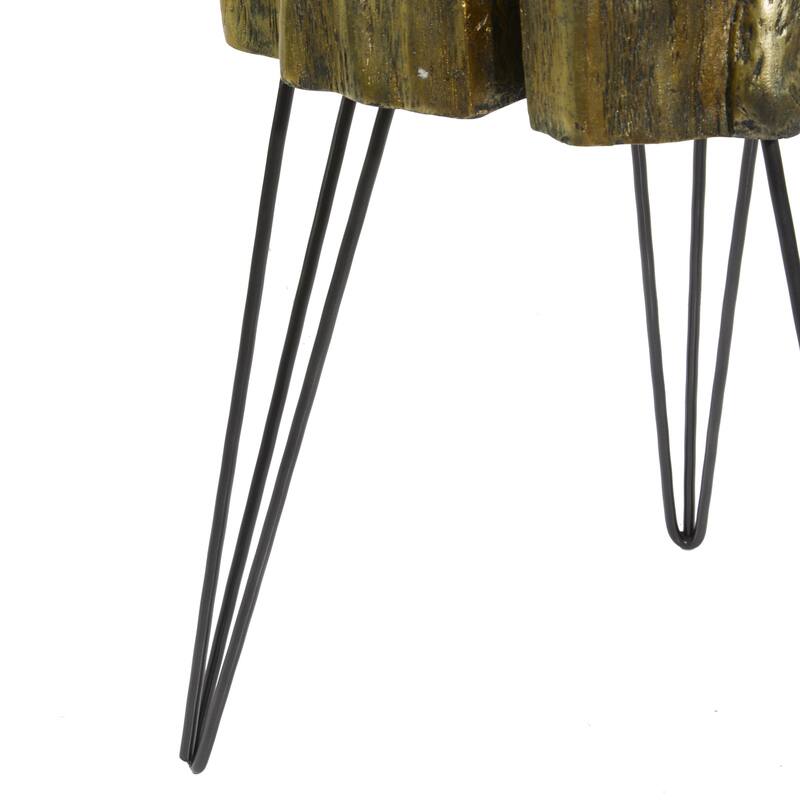 Polystone Tree Trunk Side End Accent Table with Black Hairpin Legs - Gray, Gold - Roche River Decor