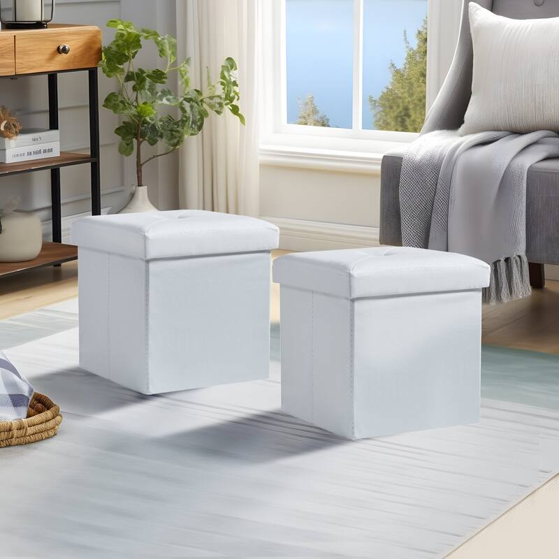2 PC Storage Folding Ottoman, Storage Footrest Stool, Faux Leather Storage Bench Cube with Padded Seat for Small Space