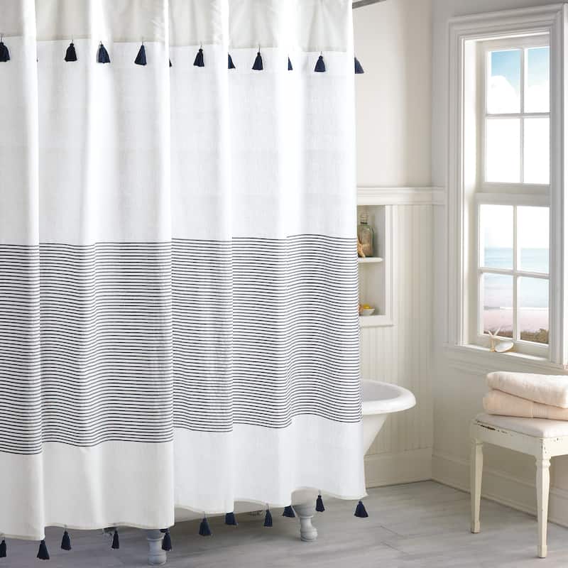Porch & Den Onassis Modern Stripe Tassel Shower Curtain - Navy