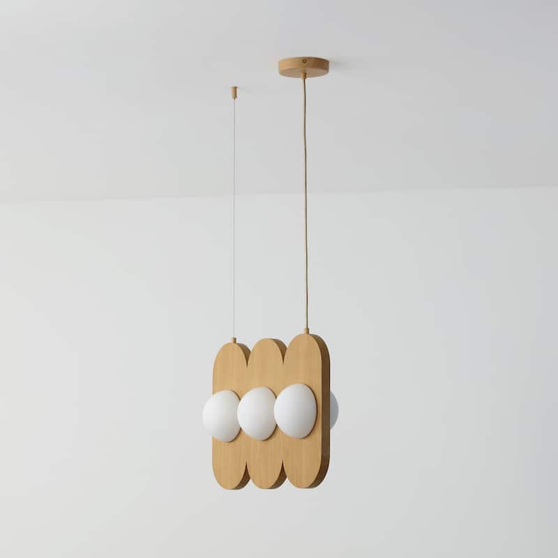 VidaLite Orbita 6-Light Natural Wood, Linear Pendant Integrated LED with Frosted Glass Shade - 14" x 18"