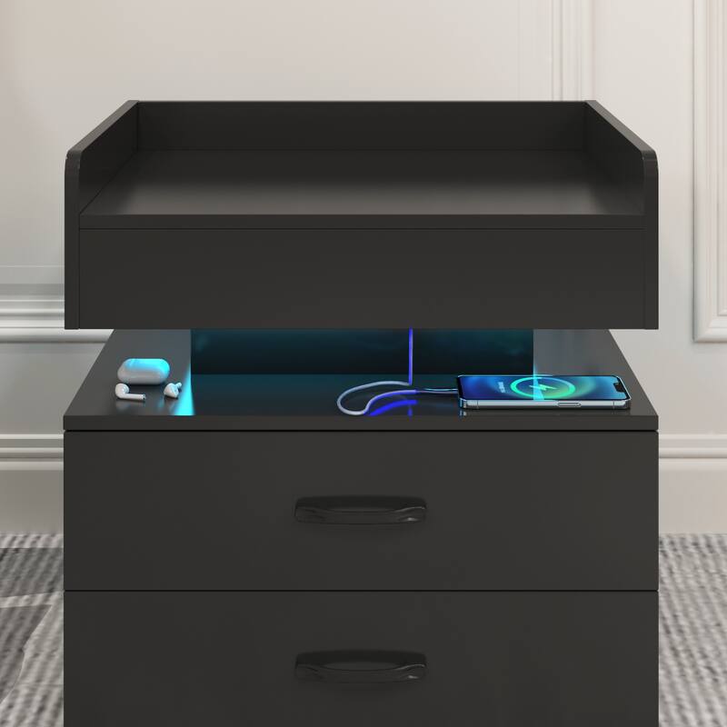 1 Set Nightstand with Adjustable LED Strip Light, 2-Drawers, Large Storage Space