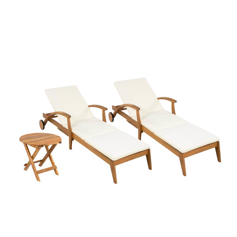 Wood Outdoor Chaise Lounge Set with Wheels, Adjustable Backrest, Foldable Side Table and Cushions for Poolside Balcony