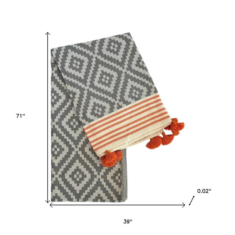 HomeRoots 39" X 71" Gray and Orange Cotton Geometric Turkish Towel Throw Blanket with Tassels