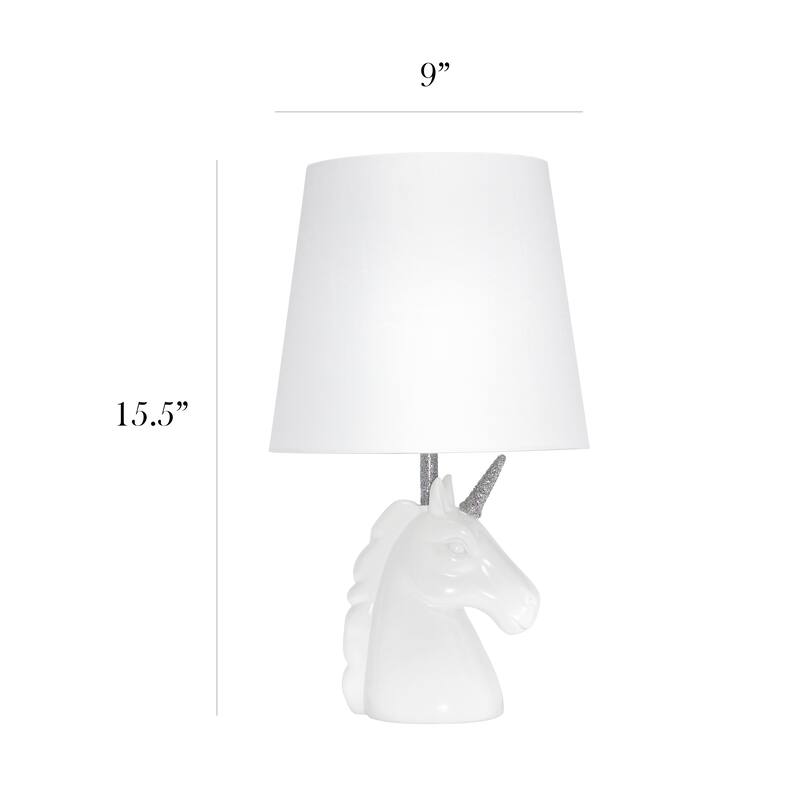 Simple Designs 15.5" Sparkling Glitter Unicorn Table Lamp, White with Blue Glitter, With LED Bulb