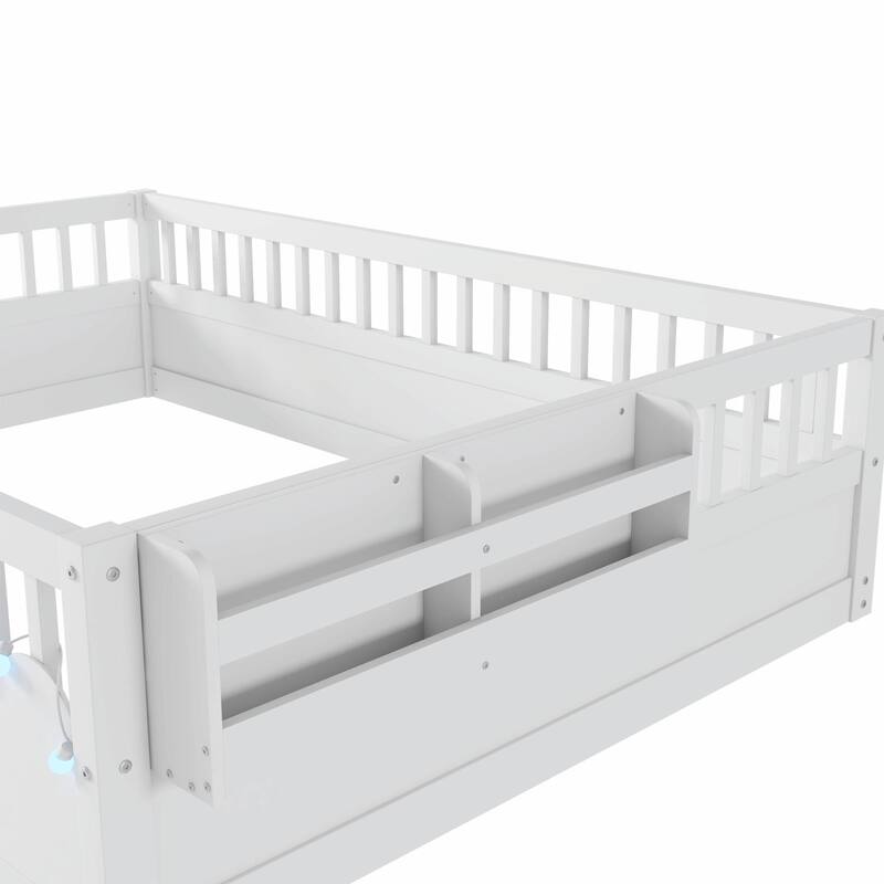 Floor Bed Frame with High Rails, Wooden Kids Floor Bed with Light and Storage Shelf