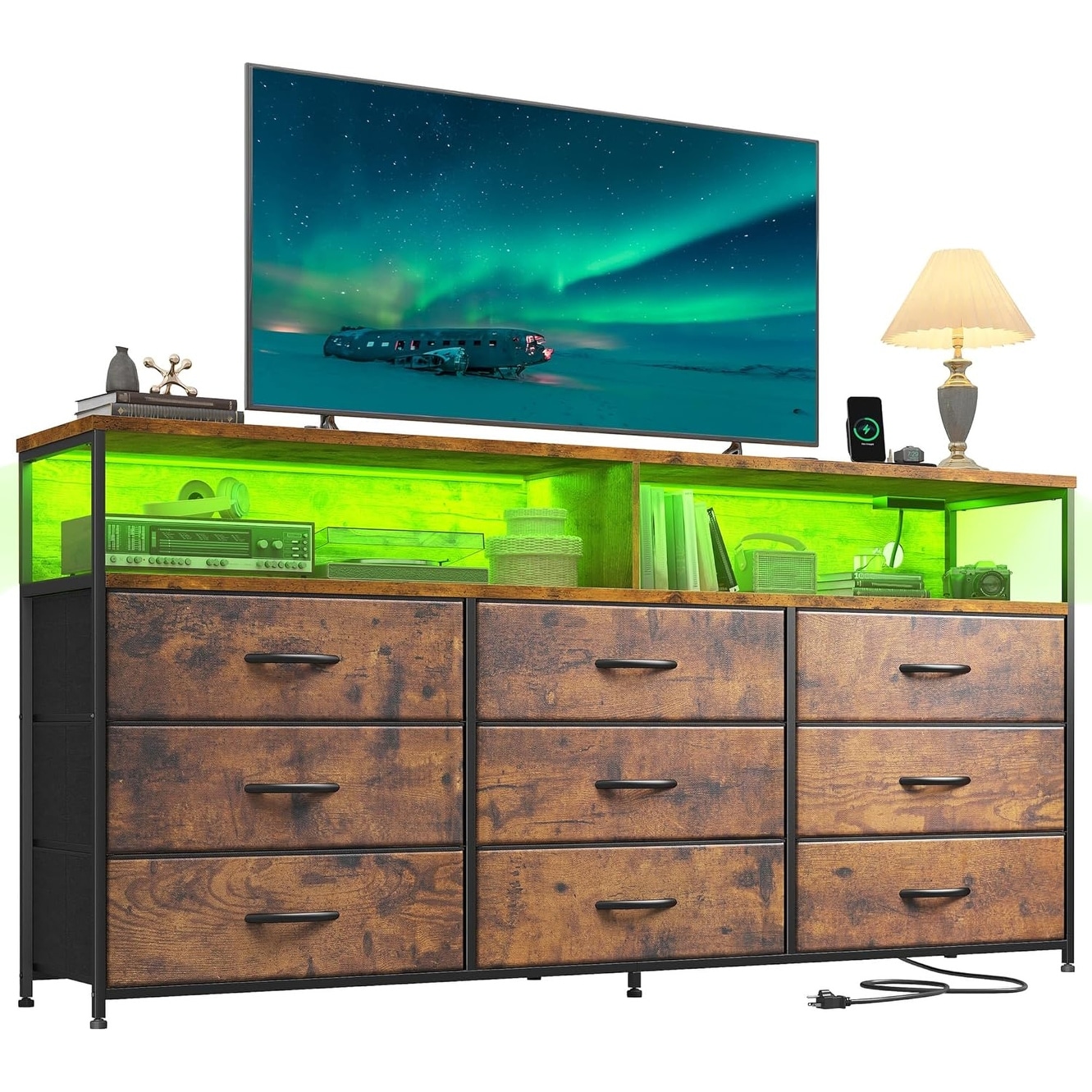 Rustic Brown Dresser with 9 Drawers, LED TV Stand, 55 Inches, Extra Shelves