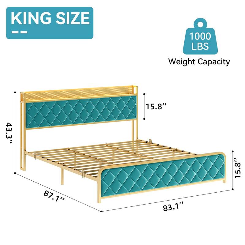 Velvet Upholstered Bed Frame with LED Light and Charging Station