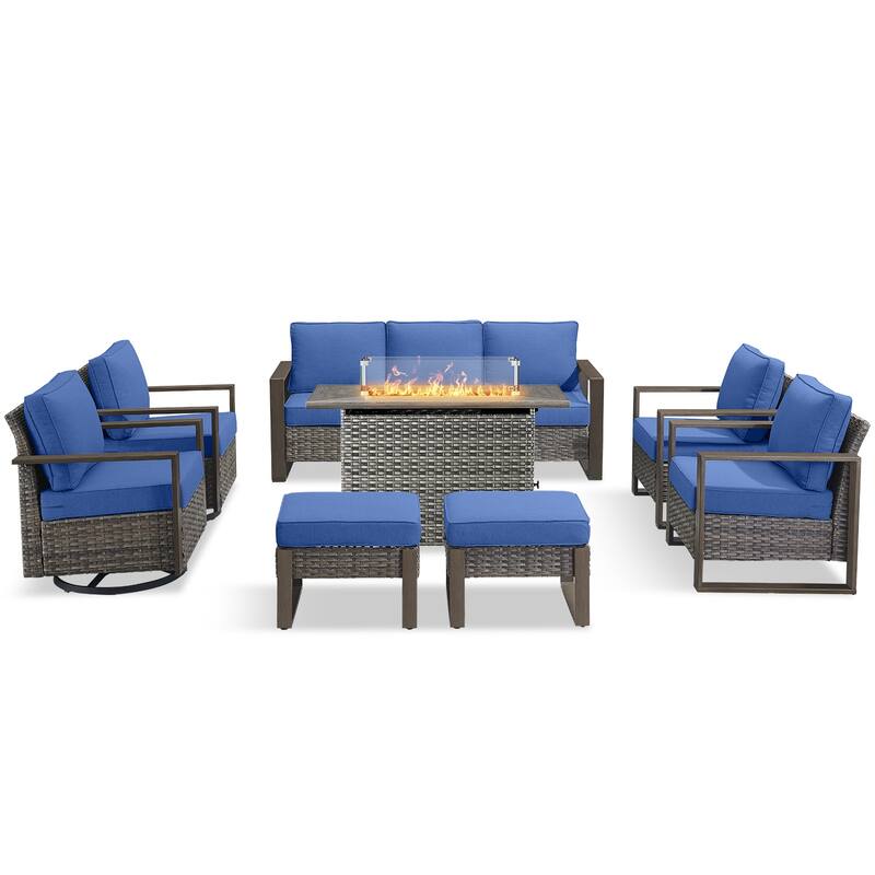 Pocassy 8 Pieces Outdoor Sofa Chair Ottoman with Fire Pit Table Set