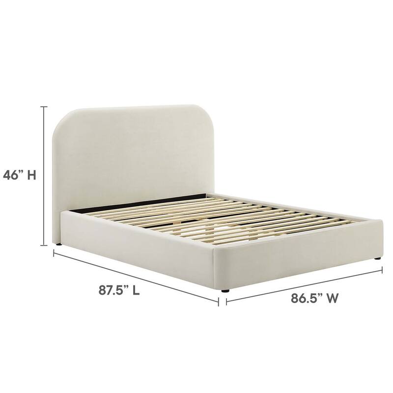 Hillsway Modern Curved Headboard Off-white Velvet Upholstered King Size Platform Bed