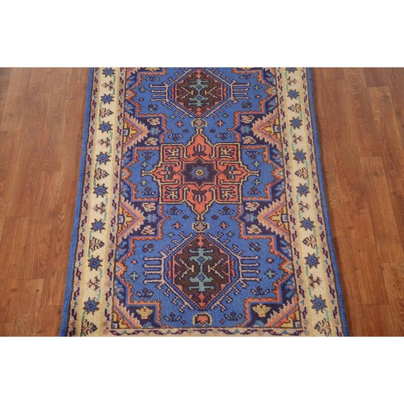 Blue Geometric Kazak Oriental Accent Rug Handmade Wool Carpet - 3'0"x 5'0"