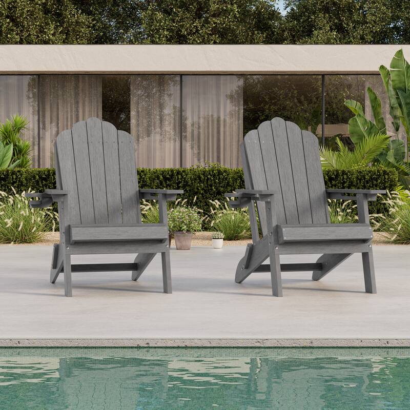 HDPE All-Weather Folding Adirondack Chair with Cup Holder - 2-Piece - Gray