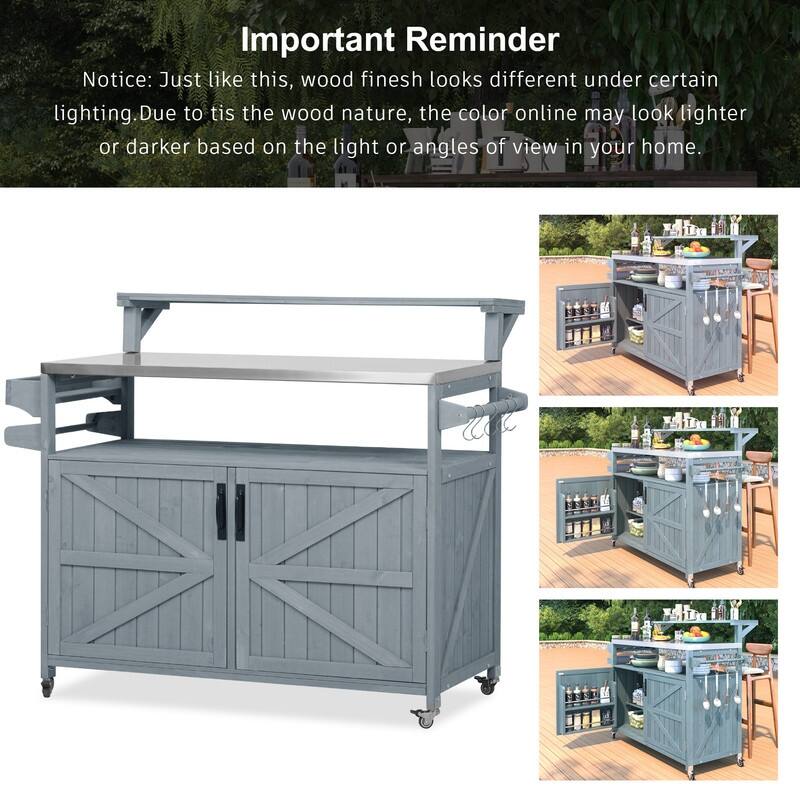 Outdoor Kitchen Island, Solid Wood Storage Cabinet with Stainless Steel Top and Lockable Wheels