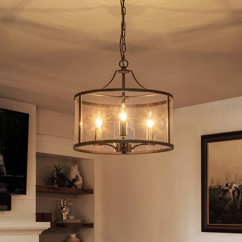3-Light Drum Glass Chandelier for Dining Room, Kitchen Island