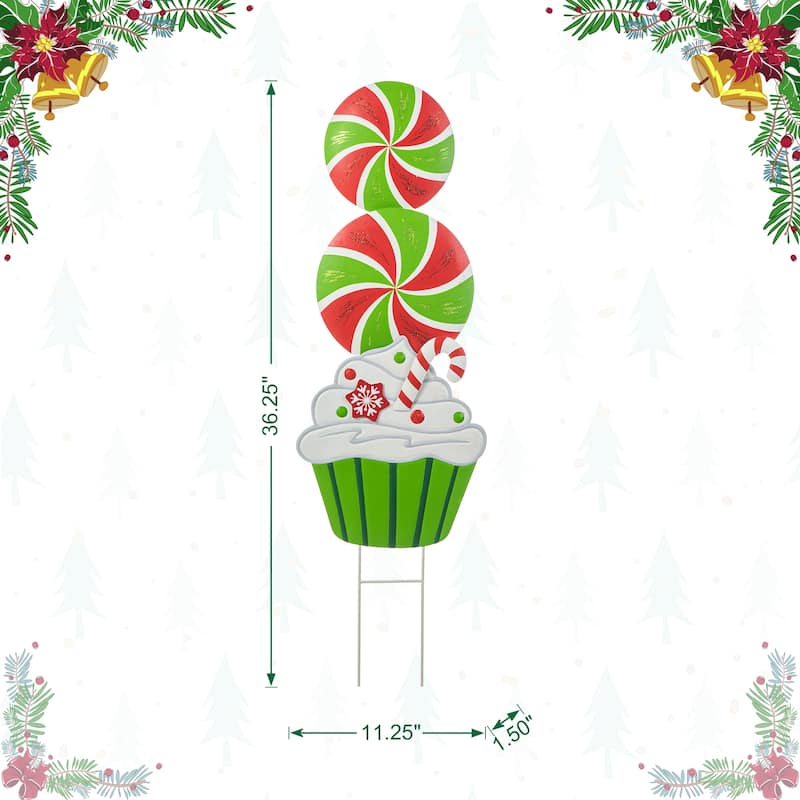 Glitzhome Christmas Metal Dancing Elf Cupcake Candy Cane Yard Stake Wall Decor