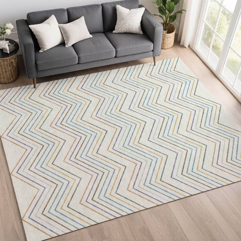Machine Washable Indoor/ Outdoor Modern Chevron Chantille Rug