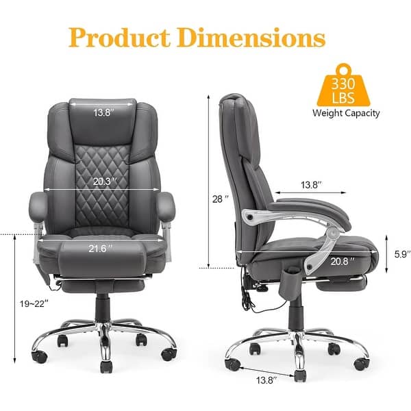 dimension image slide 10 of 11, EROMMY Heated Massage Reclining Office Chair, 300 Lbs Capacity