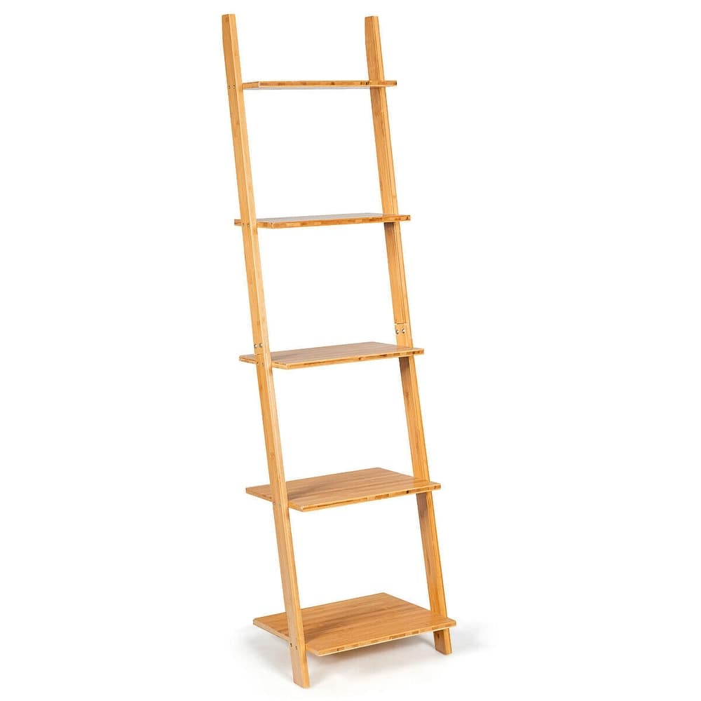Gymax 5-Tier Ladder Shelf Modern Bamboo Leaning Bookshelf Ladder - See Details