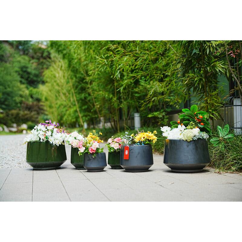 Antique Gray Ceramic Planter Set of 3 - 14.7" Square Minimalist Plant Pots with Drainage Holes - Antique Gray
