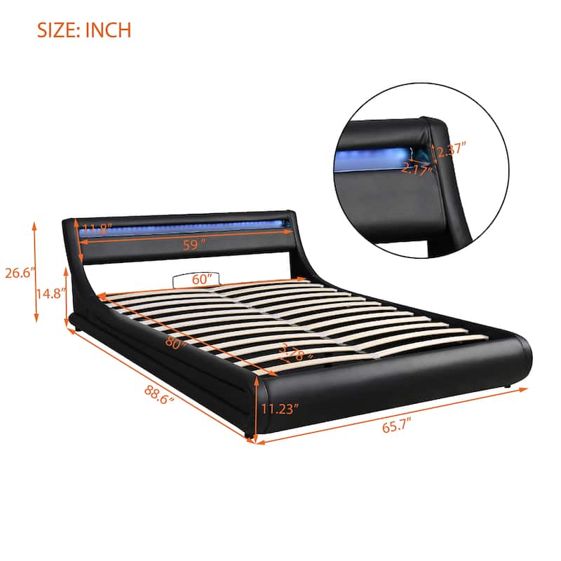 Queen Size Storage Bed Sleigh Bed Platform Bed with Hydraulic Storage System and LED Headboard Sleigh Design Low Profile Bed