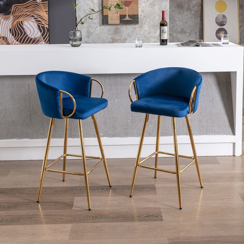 Set of 2 26" Bar Stools, Blue Velvet with Chrome Footrest & Gold Legs