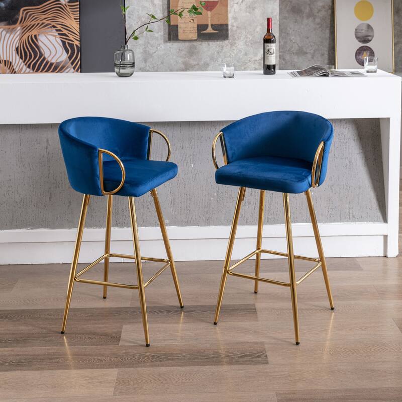 Set of 2 30" Bar Stools, Blue Velvet with Chrome Footrest & Gold Legs