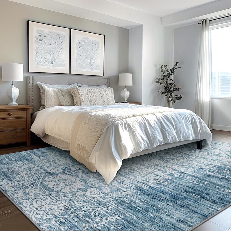 Mcow Floral Pattern Low-Pile Machine-Washable Non-Slip Area Rug - 8' x 10'