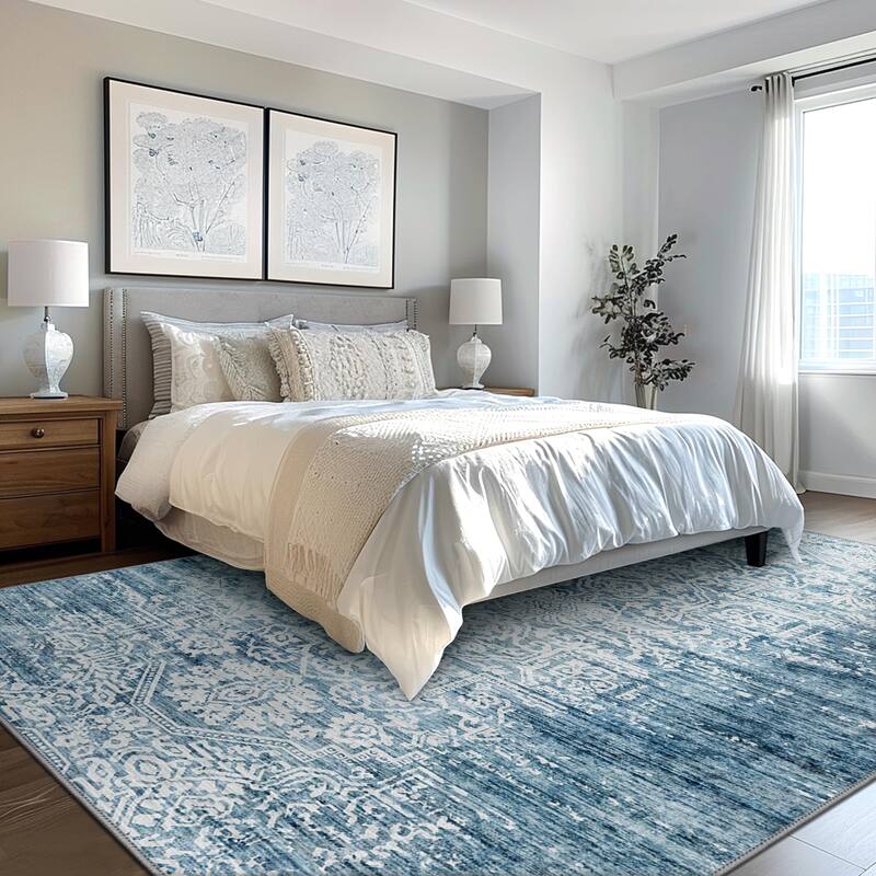 Mcow Floral Pattern Low-Pile Machine-Washable Non-Slip Area Rug - 8' x 10'