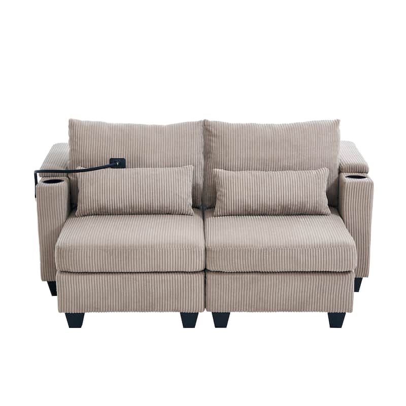Convertible Chaise Lounge 63" Loveseat Sofa Sofa Bed Corduroy Sleeper Sofa with USB Ports, Two Cup Holders