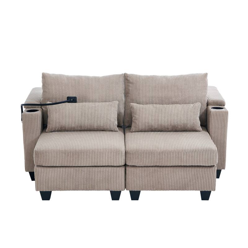 Sofa Chair with Armrests, 2-in-1 Corduroy Loveseat & Chaise Lounge, Sofa Bed Sleeper Sofa with Cup Holders & Side Pockets