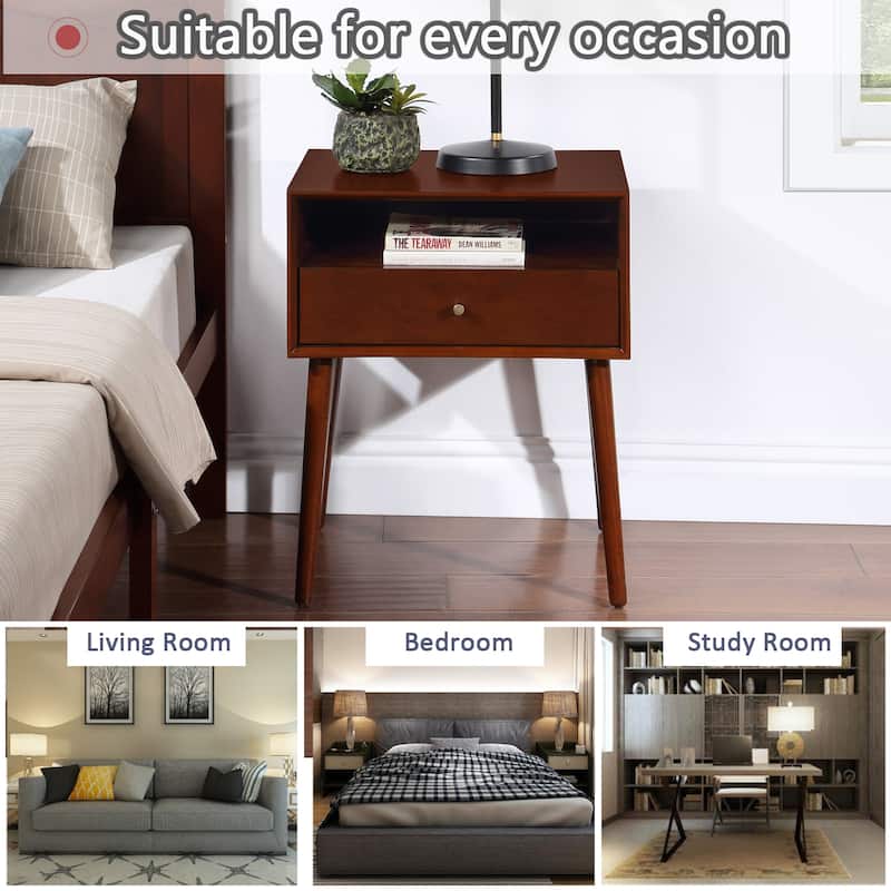 Night Stand with Drawer,Modern Nightstand,Bedside Tables,Mid Century Nightstands with Open Storage Shelf