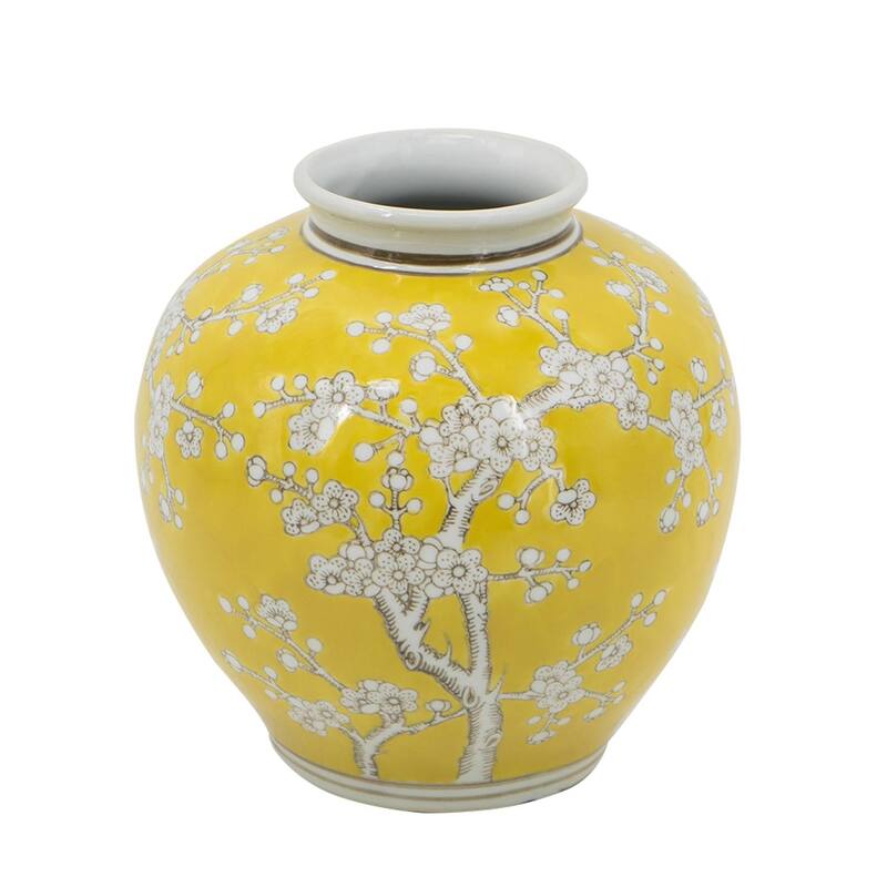 9" Yellow And White Chinoiserie Floral Porcelain Table Vase - 8.70