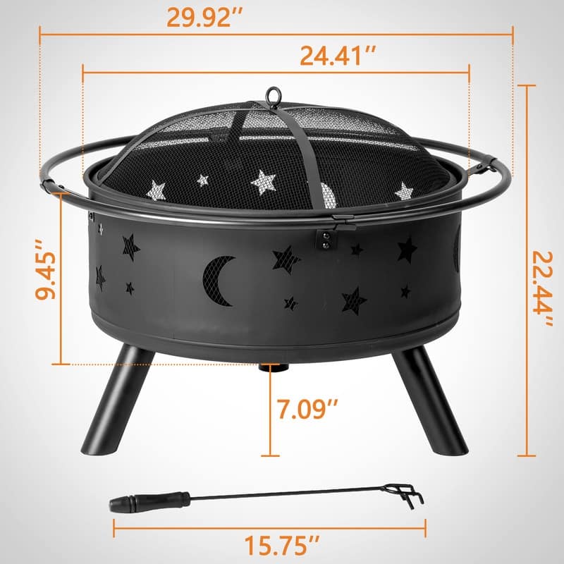 30-inch Outdoor Fire Pit with Beautiful Star and Moon Cutouts - 29.92"D x 29.92"W x 22.44"H